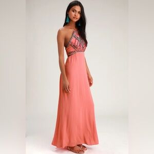 Lulus Coral Pink Embroidered Maxi Dress Size M